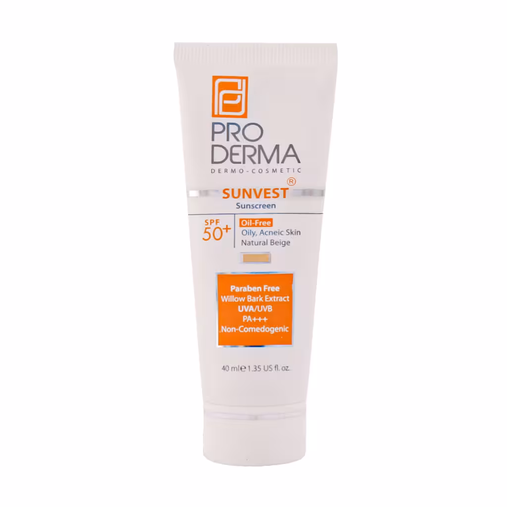 کرم ضدآفتاب فاقد چربی بژ طبیعی SPF50 پرودرما SUNVEST SUNSCREEN SPF 50 NATURAL BEIGE PRO DERMA