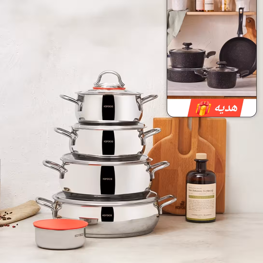سرویس قابلمه 10 پارچه استیل کاراجا ترکیه   سرویس قابلمه 7 پارچه بیو گرانیت کاراجا ( هدیه )
