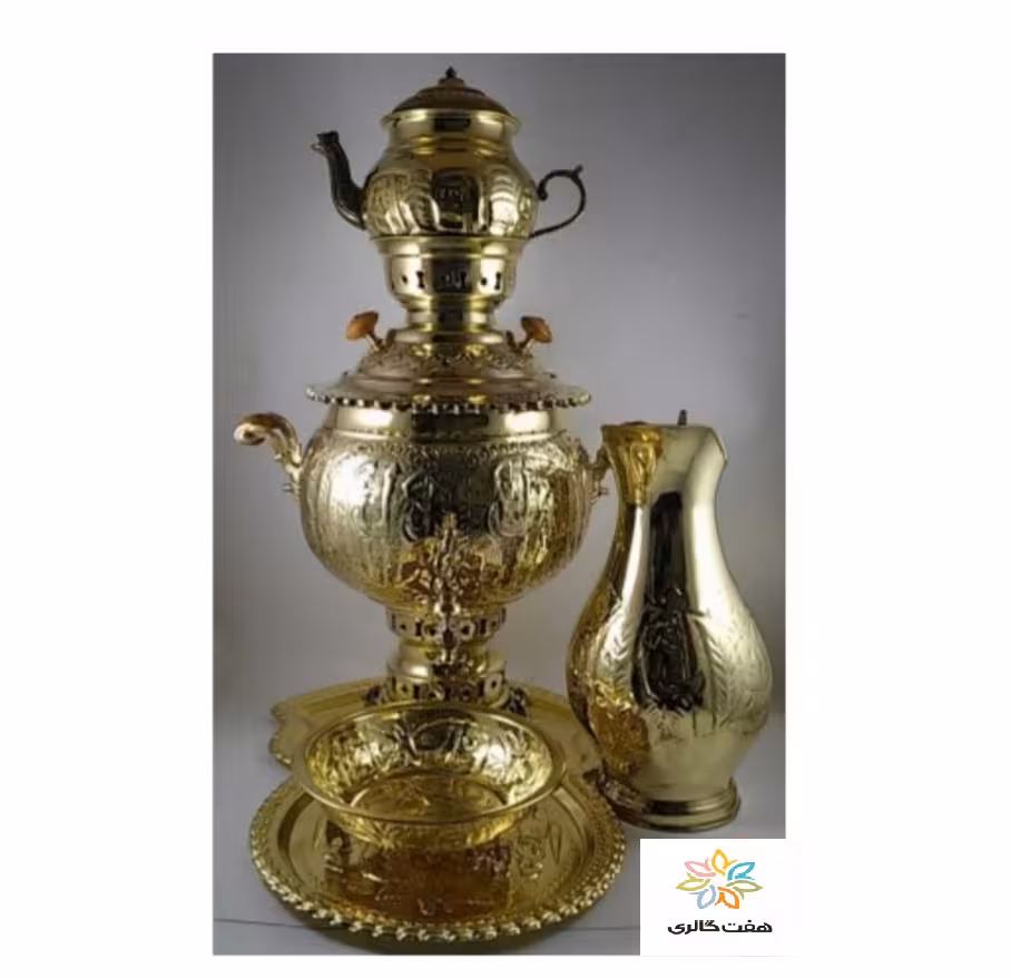 سرویس سماور زغالی برنجی لبه ریخته قلمزنی هخامنش سایز 6 کد 101601