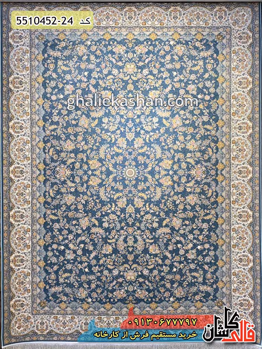 فرش 1500 شانه طرح باغ رز زمینه آبی کاشان – گل برجسته