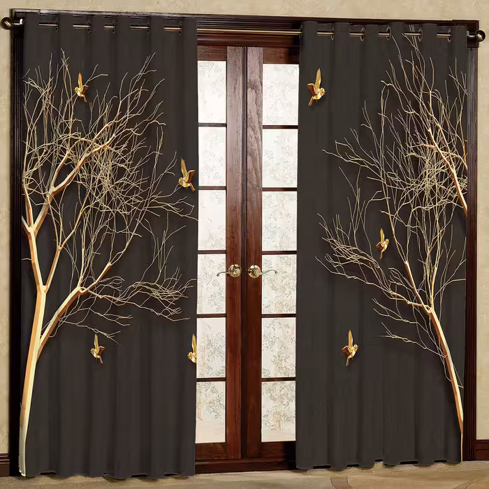 پرده مدل درخت طلایی هازان پانچی کد 1249 سایز 140x200 سانتی متر