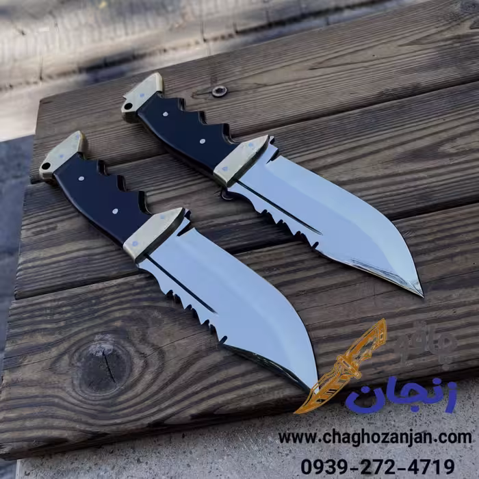 چاقو شکاری 25سانتی دو باربند تیغه فولاد فنر پشت تیغه اره ای دسته فیبر آلمانی