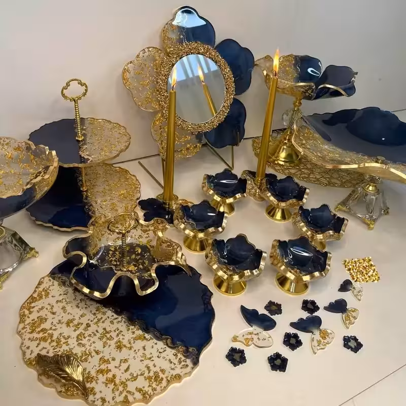 ست پذیرایی رزینی سرمه ای طلایی5 تکه جهیزیه عروس همراه ست کامل هفتسین