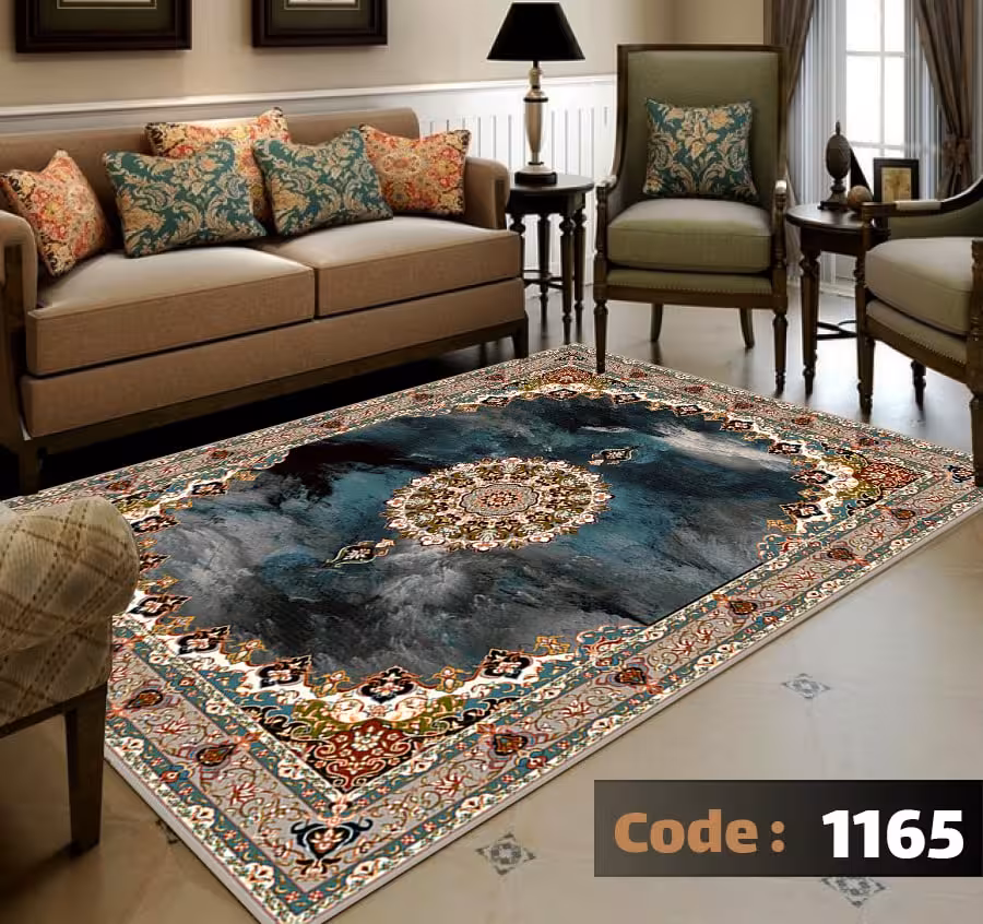 کاورفرش روفرشی دورکشدار گوشه لیفه ای لاکی ، آبی و متنوع کد 1165