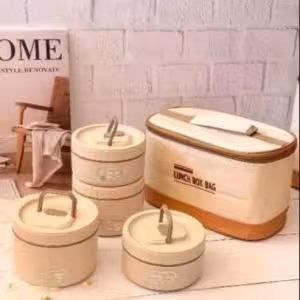 ظرف غذای( لانچ باکس) داخل استیل، 4 تکه، بدون نشتی، به همراه کیف