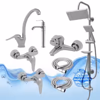 ست 8 عددی شیرآلات برند آیدا صنعت مدل قهرمان اردکی | شیر ظرفشویی   روشویی پایه‌بلند   حمام   دو عدد توالت   علم دوش یونیورست رسوب‌گیر اتومات   دو شلنگ توالت | کروم مات