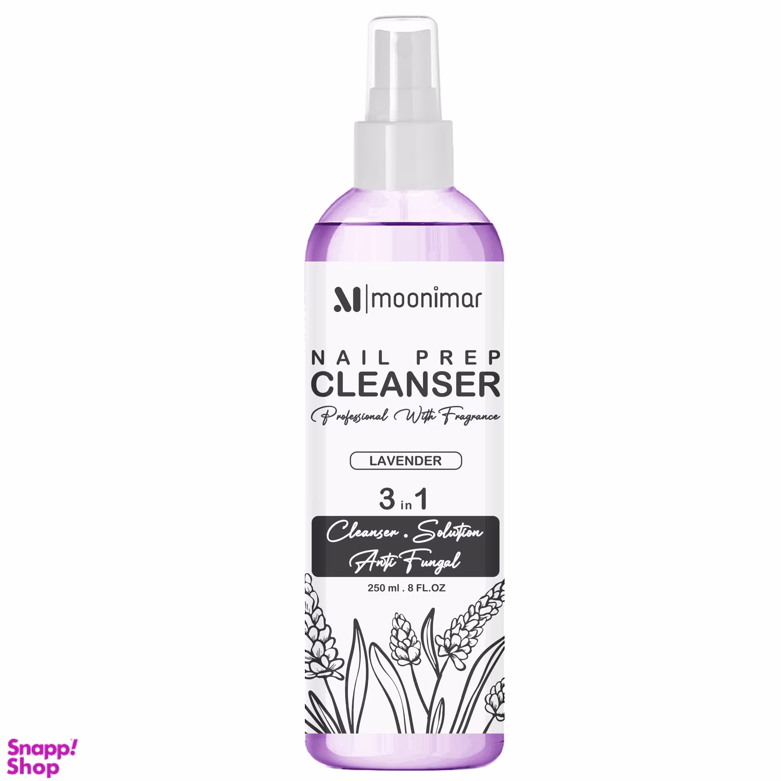 کلینزر کاشت ناخن مونیمار مدل Lavender سه کاره حجم 250 میلی لیتر