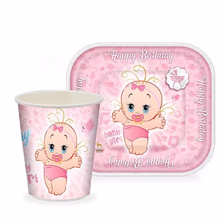 پیش دستی و لیوان تم تولد بیبی دختر | 30 عددی