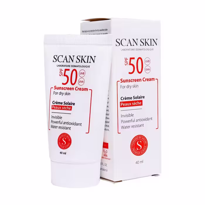 کرم ضد آفتاب بی رنگ پوست خشک SPF50 اسکن اسکین 40 میلی لیتر Scan Skin sunscreen cream for dry skin SPF50 invisible 40ml