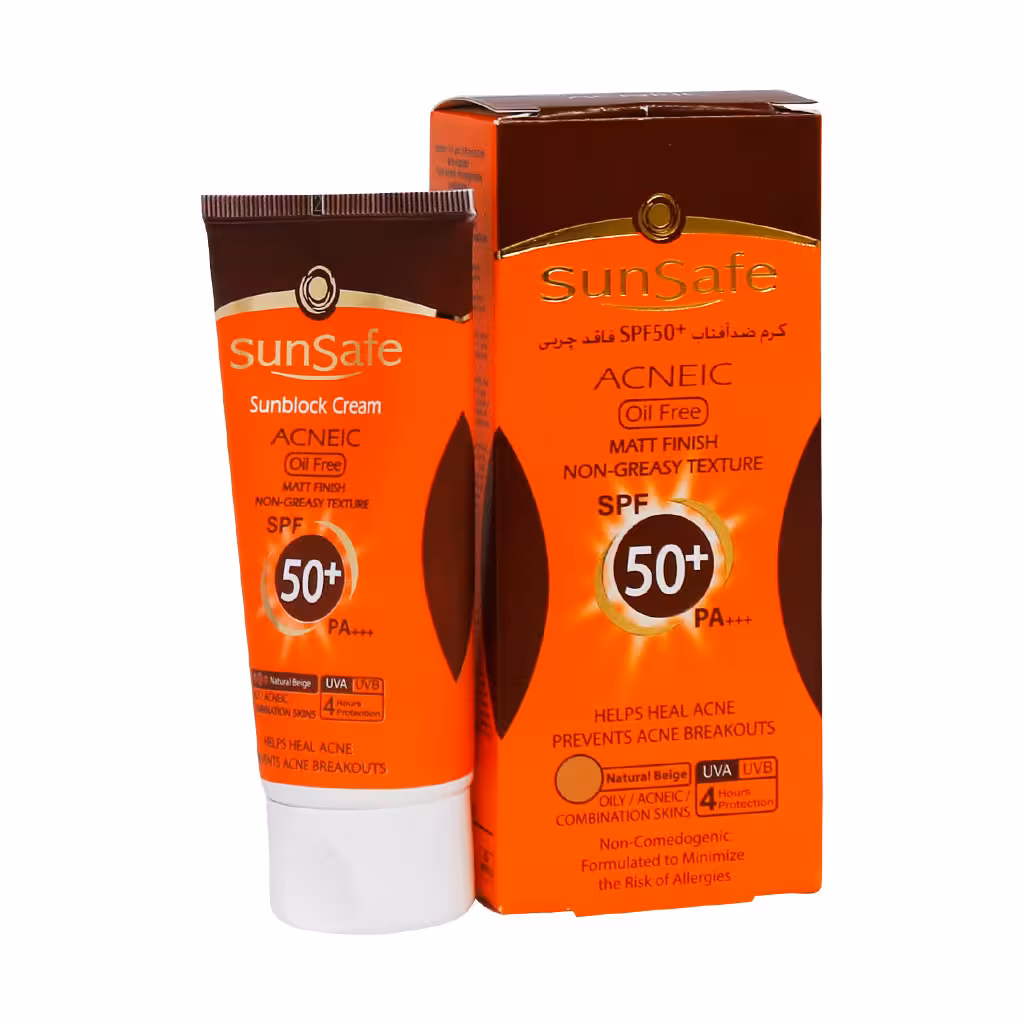 كرم ضد آفتاب  SPF 50 فاقد چربی بژ طبیعی سان سیف SUNSAFE SUNSBLOCK CREAM SPF50  ACNEIC OIL FREE