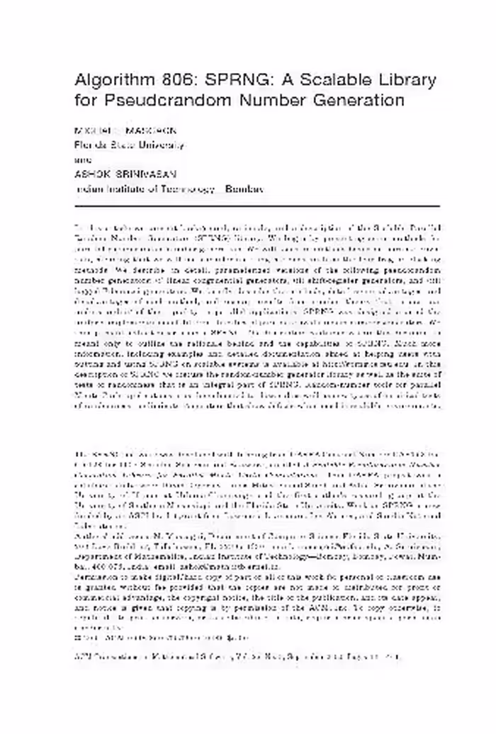 خرید و دانلود نسخه کامل کتاب Algorithm 806. SPRNG, scalable pseudorandom number library