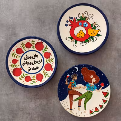 بشقاب دیوارکوب سفالی ماسالند مدل یلدایی مجموعه 3 عددی