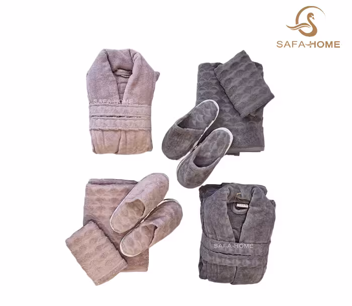 سرویس حوله عروس و داماد 8 تکه ونتو رنگ طوسی و گلبهی