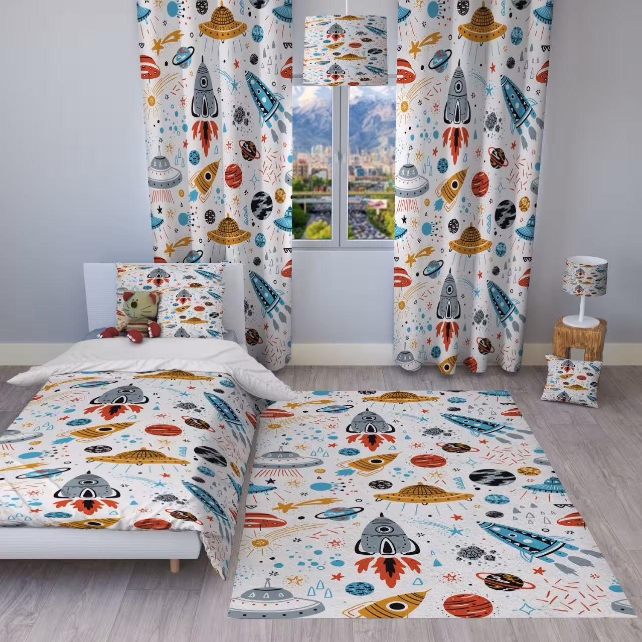 ست چهار تکه فرش مخمل لوستر آباژور سیسمونی اتاق خواب کودک نوجوان بزرگسال