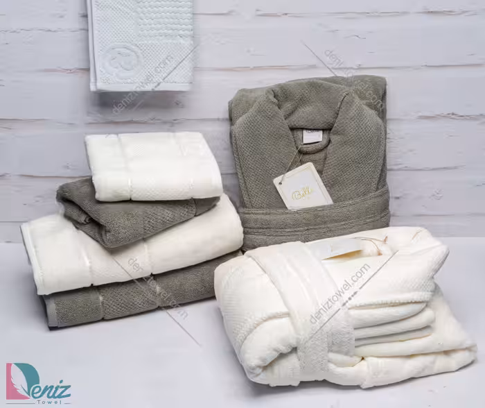 حوله ست دو نفره طرح ماکرو رنگ سدری و شیری