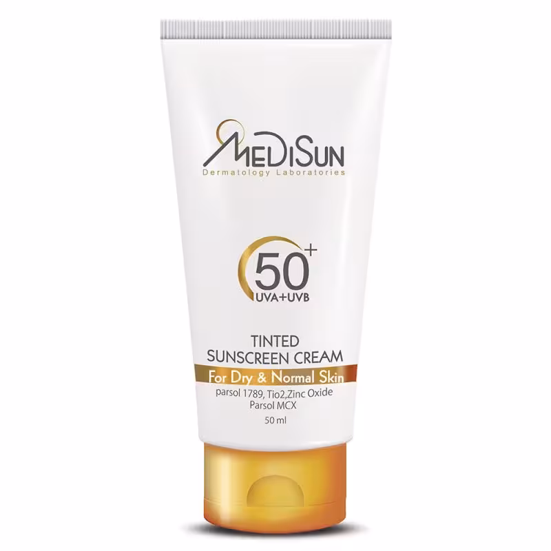 کرم ضد آفتاب رنگی SPF50 مدیسان مناسب پوست های نرمال و خشک-حجم 50 میلی لیتر