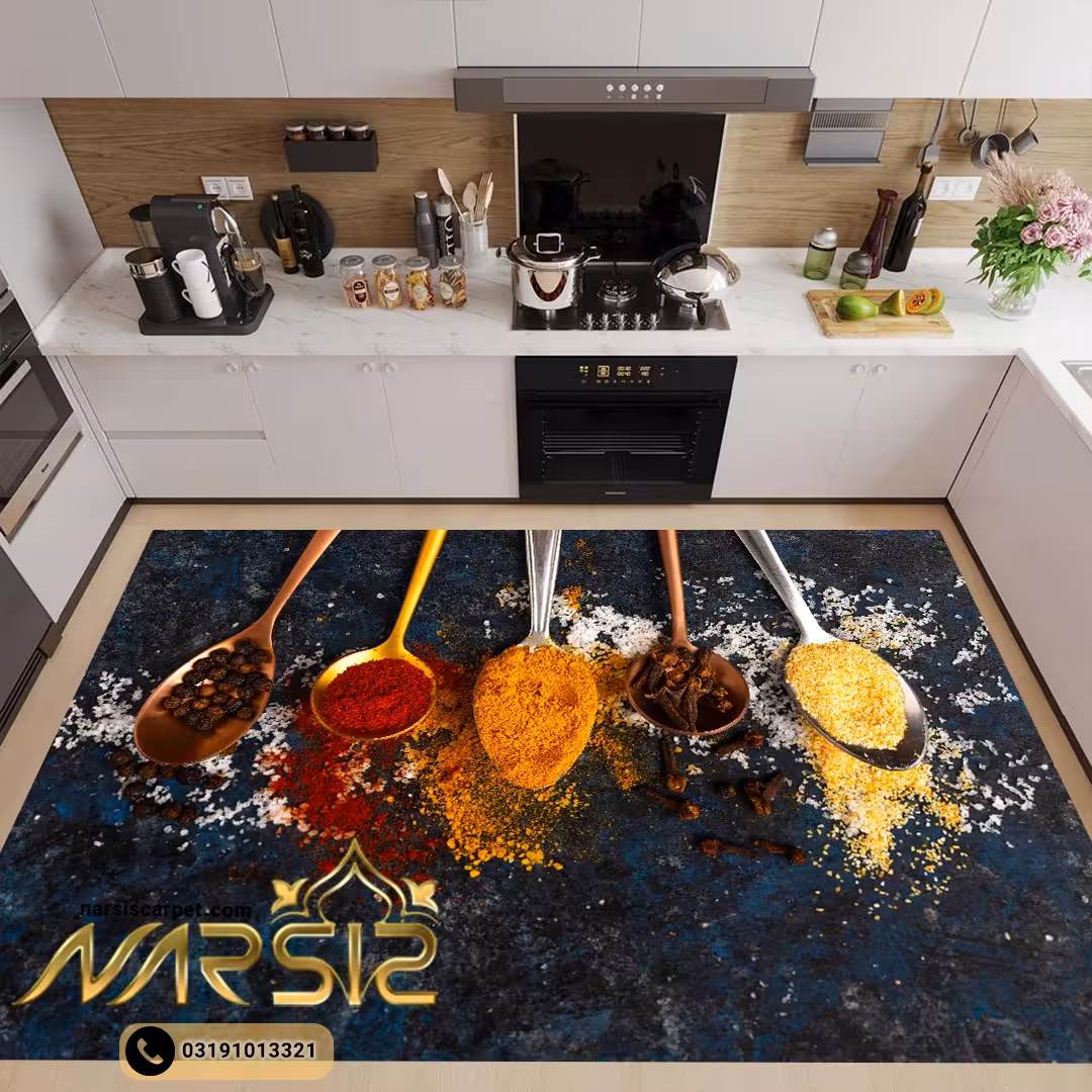 فرشینه آشپزخانه طرح قاشق های ادویه با زمینه سرمه ای کد 7081