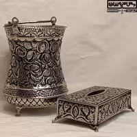 ست جادستمال کاغذی و سطل مسی قلمزنی دستساز اصفهان آبکاری کروم مدل شاناز