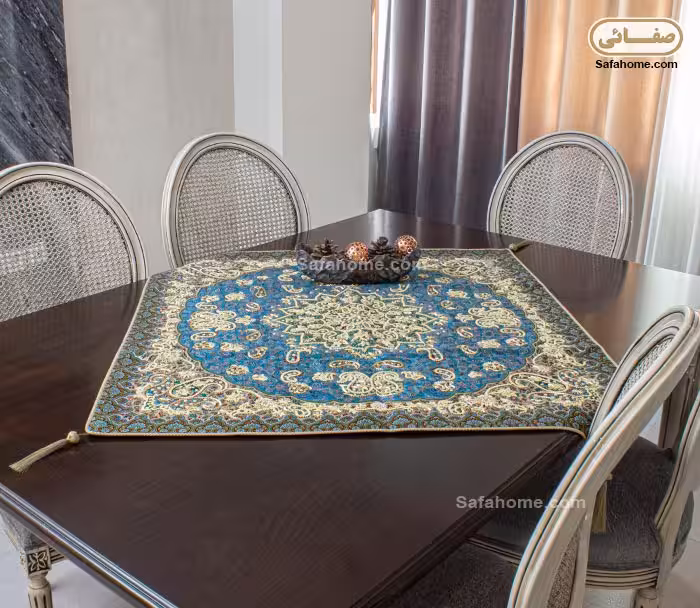 رومیزی مربع ترمه ملیله دوزی صفائی کد 24 رنگ فیروزه ای