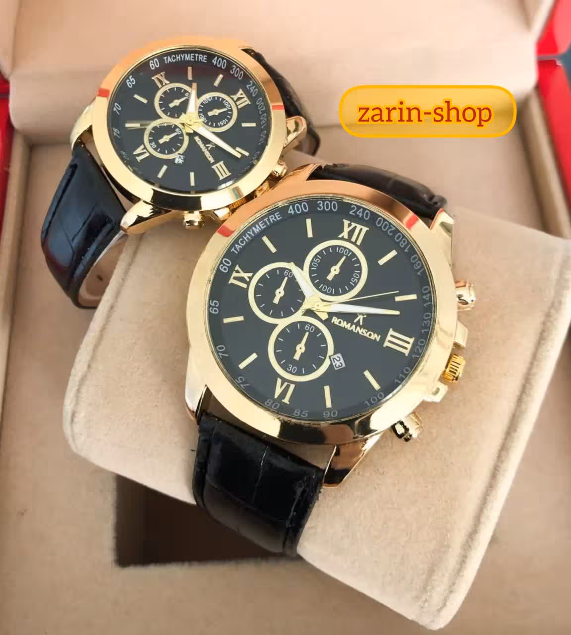 ست  و تک ساعت زنانه و مردانه چرمی مشکی رومانسون