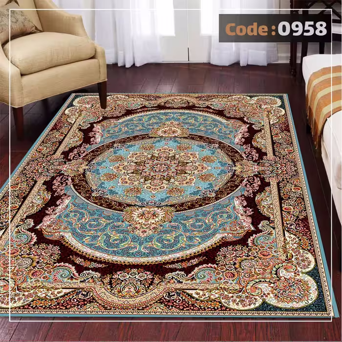 کاورفرش روفرشی دورکشدار گوشه لیفه ای لاکی ، آبی و متنوع کد 0958