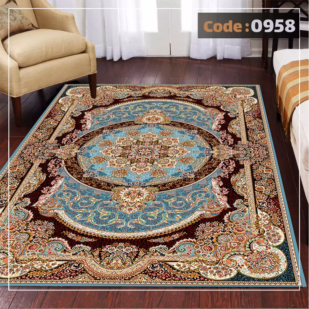 کاورفرش روفرشی دورکشدار گوشه لیفه ای لاکی ، آبی و متنوع کد 0958