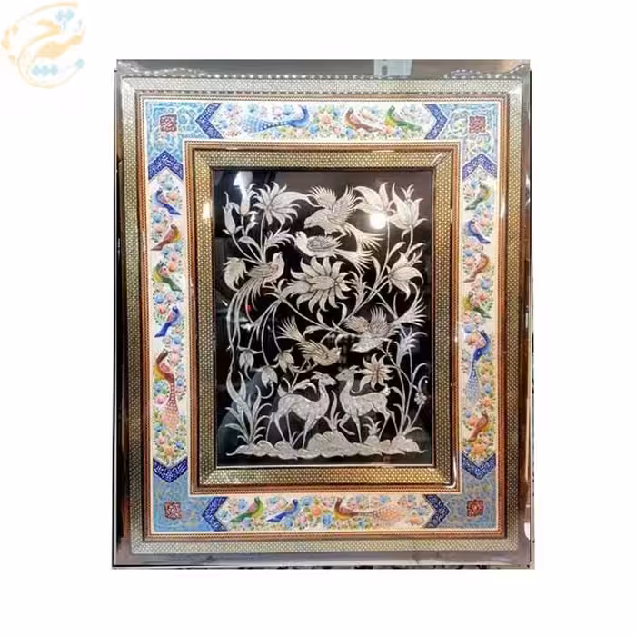 تابلو قلمزنی با قاب خاتم کاری دوشاسی گل و بلبل 50در60