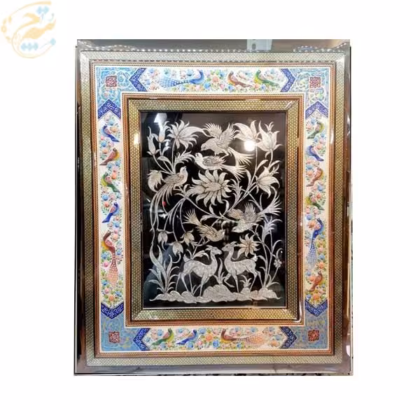 تابلو قلمزنی با قاب خاتم کاری دوشاسی گل و بلبل 50در60