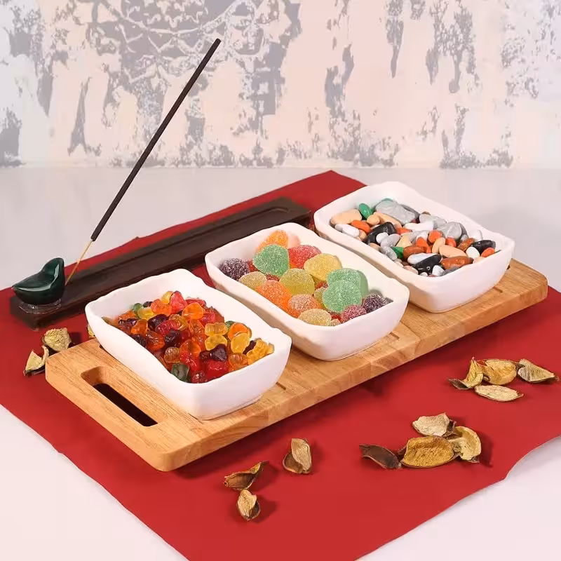 اردوخوری 3 پیاله مستطیل سرامیکی با سینی چوبی VENTI کد 1009