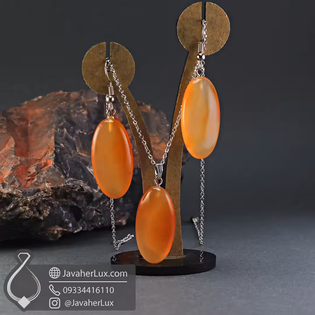 ست گردنبند و گوشواره سنگ کارنلین طبیعی _ کد 401008