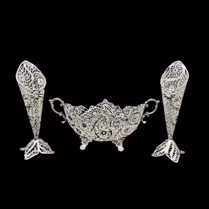 ظروف ملیله کاری کشکول پایه کوتاه و گلدان حرمی