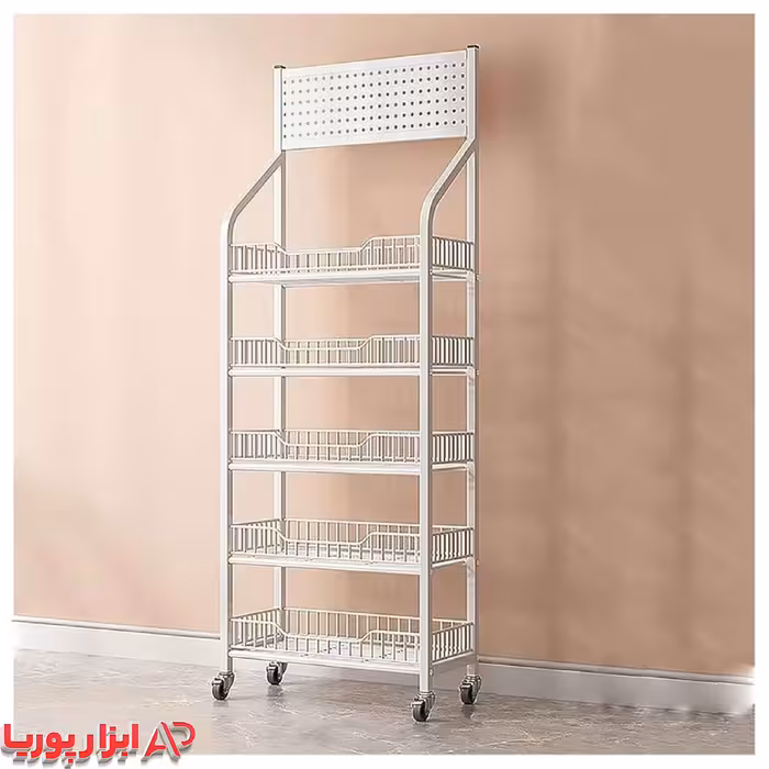 استند فروشگاهی 5 طبقه چیپس و پفک چرخ دار لبه کوتاه