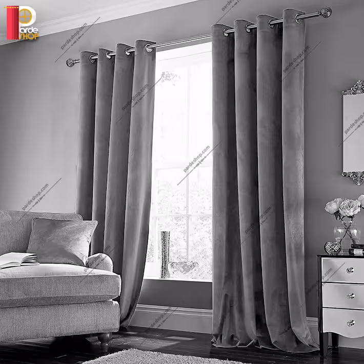 پرده آماده پانچی مخمل کلاسیک رنگ طوسی تیره ارتفاع 250 سانتی متر