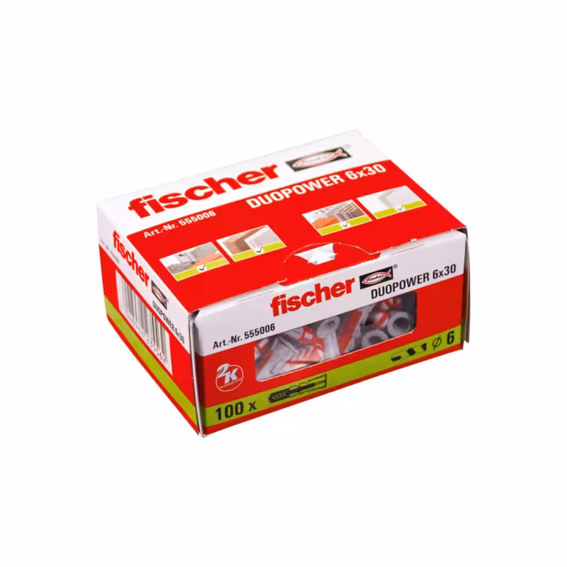 فیشر دووپاور 6×30 | رولپلاک پلاستیکی استاندارد | قطر 6 میلی‌متر | طول 30 میلی‌متر | مناسب برای بتن و مصالح ساختمانی | اتصال محکم و پایدار | محصول اصلی فیشر آلمان