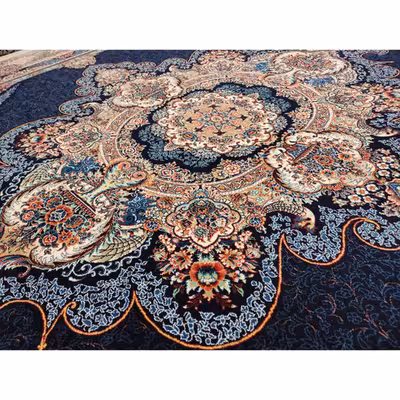 فرش ماشینی زمرد مشهد مدل گلایل زمینه سورمه ای