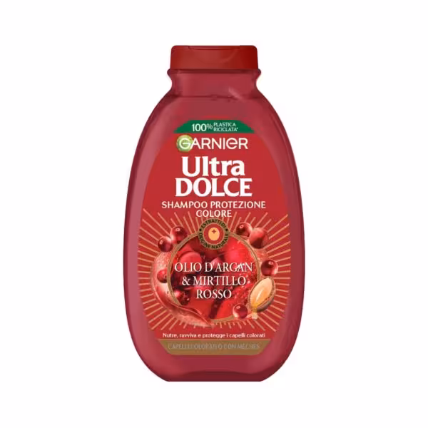 شامپو مغذی و ترمیم کننده Garnier مدل ultra dolce مخصوص موهای رنگ شده حاوی عصاره آرگان و ذغال اخته حجم 300 میل ساخت فرانسه