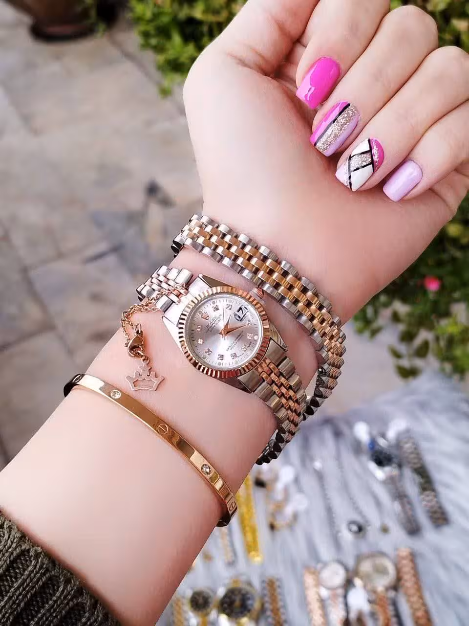 ست ساعت دستبند رولکس زنانه دو رنگ