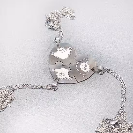 گردنبند استیل ست سه نفره پلاک خرس کله فندقی  رنگ نقره ای کد401