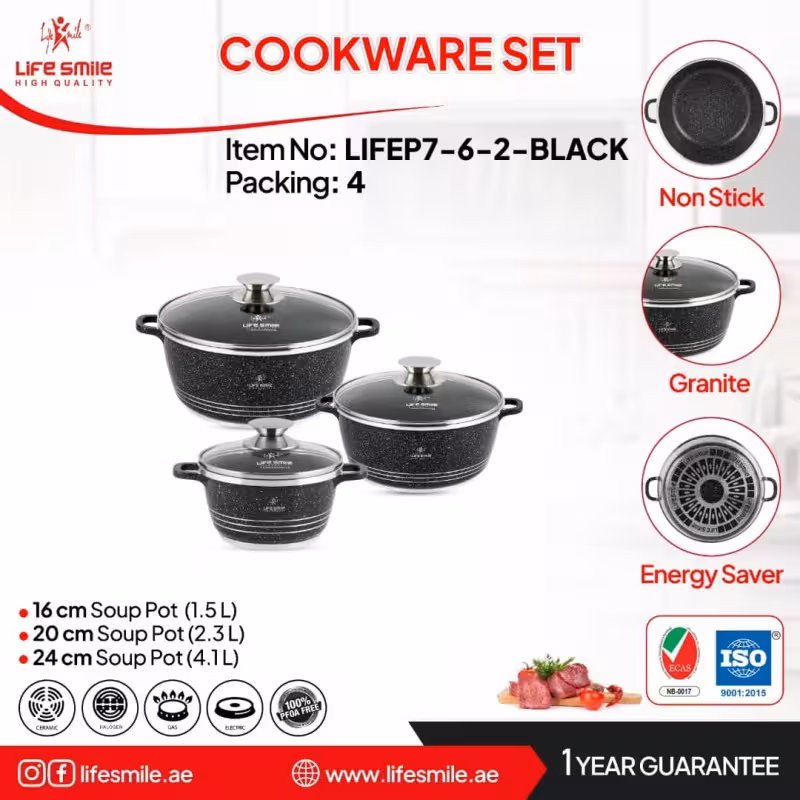 سرویس قابلمه 6 پارچ لایف اسمایل گرانیت سایز 16_20_24 مدل Lifep7
