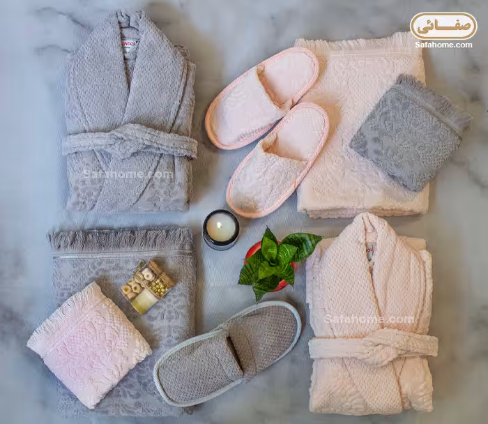 سرویس حوله عروس و داماد طوسی صورتی لیندو