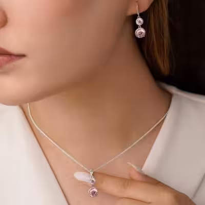 نیم ست نگین صورتی ژوپینگ آویزدار SKU412