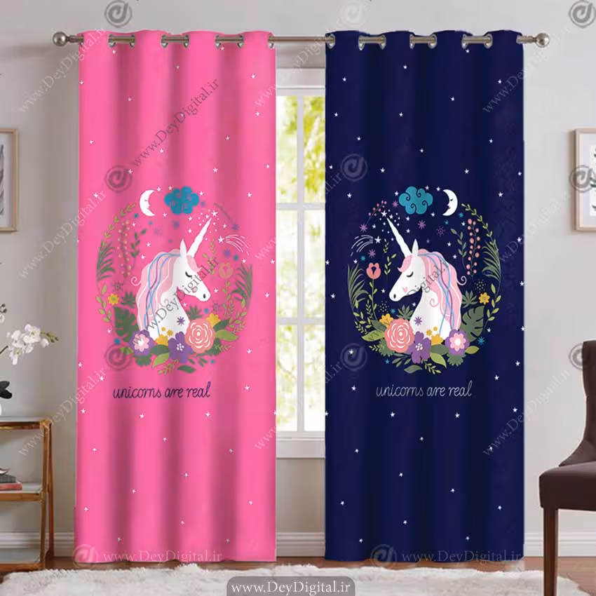 پرده پانچ تک شاخ با شاخه گل و برگ رنگی و زمینه ساده سورمه ای و صورتی PK-5150