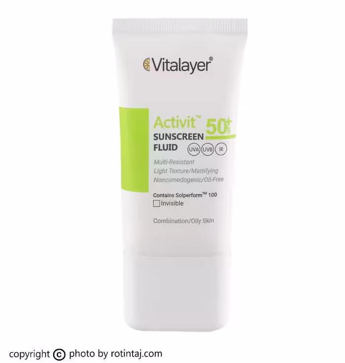 فلوئید ضد آفتاب اکتی ویت بی رنگ SPF50 ویتالیر، فلوئید ضدافتاب پوست چرب بی رنگ Activit ویتالیر 50 میلی