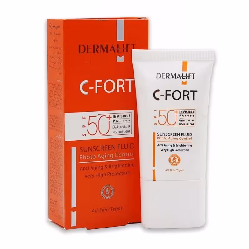ضدآفتاب فلوئیدی درمالیفت SPF50 انواع پوست حاوی ویتامین C مدل C-Fort سی فوریت حجم 40 میل