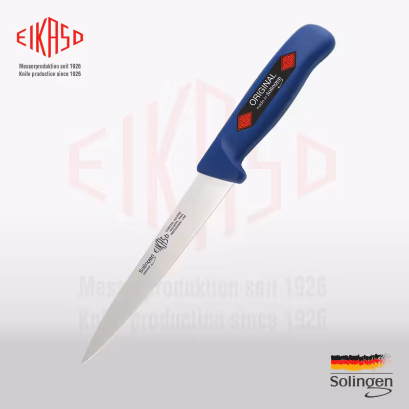چاقوی فیله‌کشی و ماهی‌بر حرفه‌ای Eikaso مدل Morina | برند زولینگن (SolingenGermany) | ساخت آلمان | تیغه انعطاف‌پذیر فولادی ضدزنگ 18 سانتی‌متری | طول کلی 30 سانتی‌متر | رنگ آبی | طراحی ارگونومیک | مناسب برای برش دقیق ماهی، گوشت و استفاده در آشپزخانه حرفه‌ای و کشتارگاه