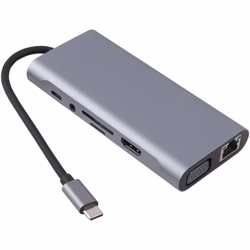 هاب و رم ریدر K-net K-MFCMS1011 USB 3.0/HDMI/VGA/RJ45/AUX/Type-C PD To Type-C