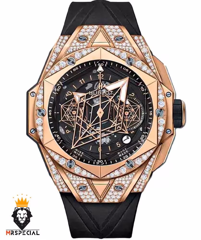 ساعت مچی مردانه هابلوت رزگلد فول نگین 6598 Hublot Unico Sang Bleu ll Diamonds