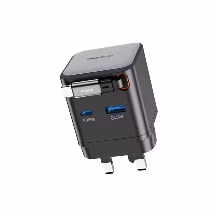 شارژر جمع‌شونده پاورلوژی GAN65W دو پورت با طراحی Retractable