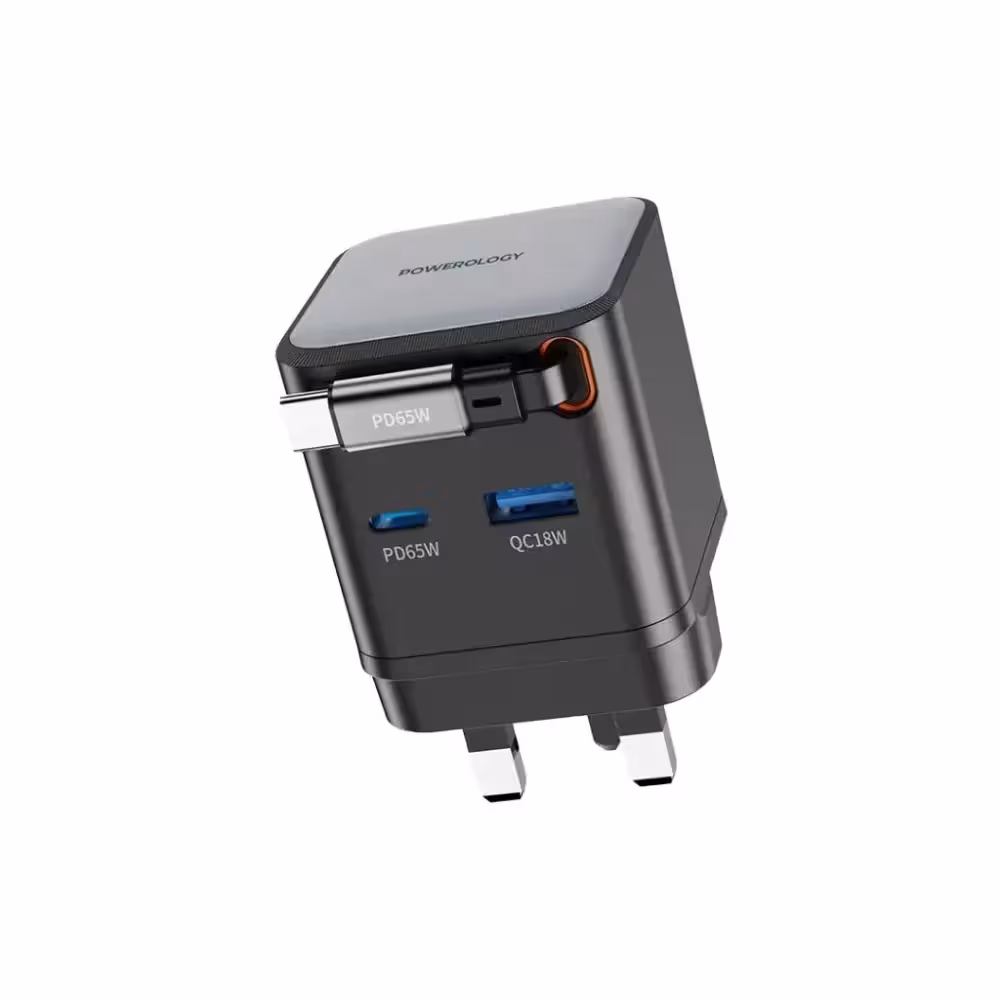 شارژر جمع‌شونده پاورلوژی GAN65W دو پورت با طراحی Retractable
