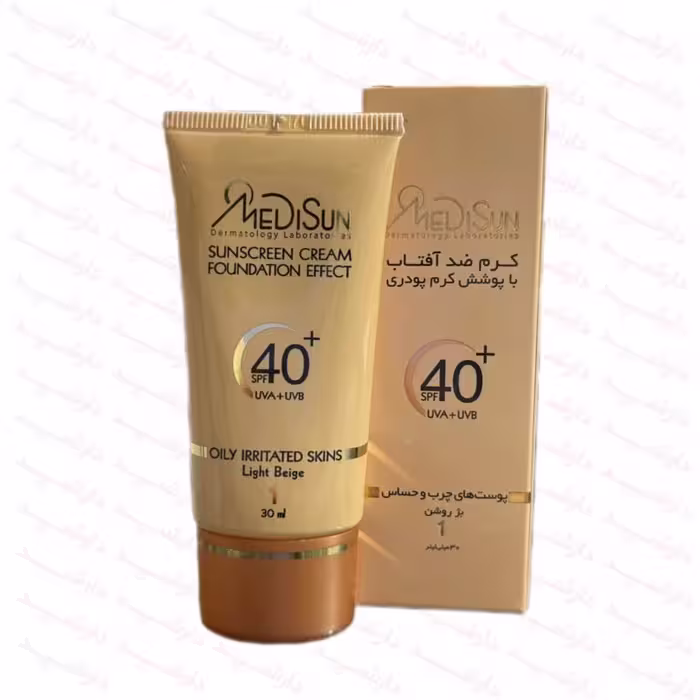 ضد آفتاب کرم پودری مدیسان SPF40 پوست چرب و حساس (بژ روشن) 30 میلی لیتر